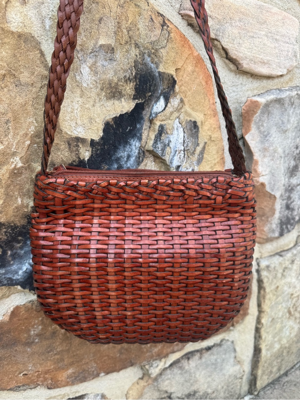 Talbots Woven Leather Crossbody Bag Brown Basketweave Quiet Luxury Neutral Boho
